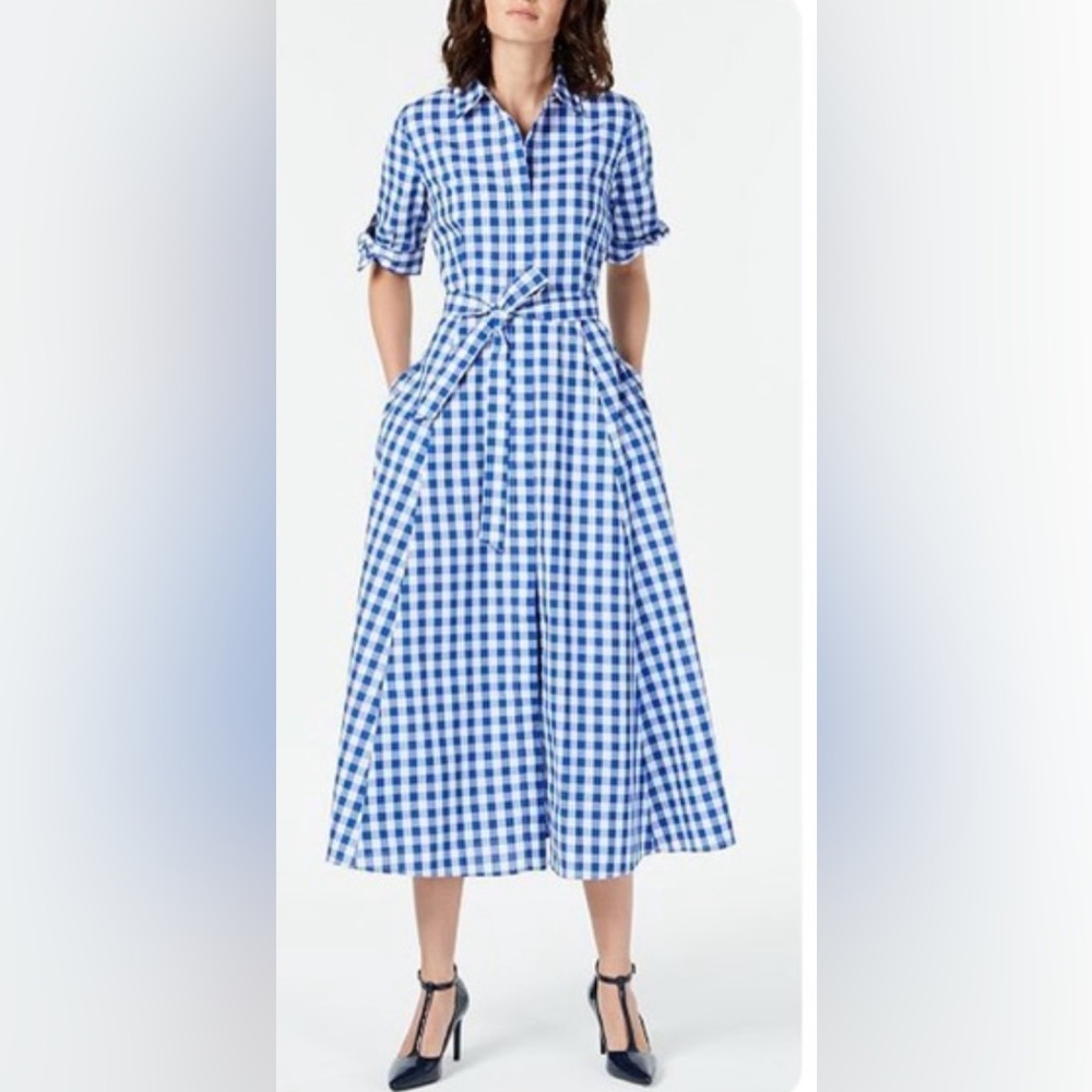 Calvin Klein Blue and White Gingham short Sleeve Midi Shirt Dress